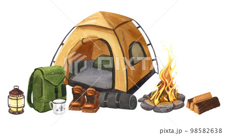 Watercolor banner campsite with tent, backpack, boots, firewood, lamp and bonfire. Hand-drawn illustration camping isolated on white background. For sticker: traveling, banner, flyer, template 98582638