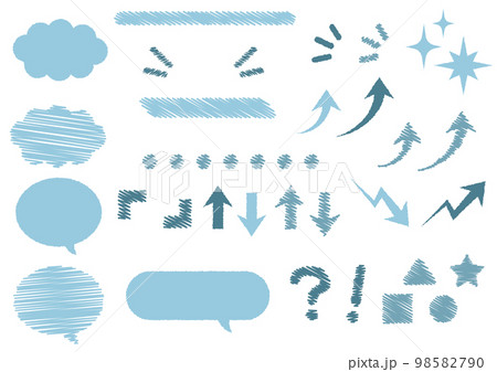 手描き風　矢印や吹き出し、カッコなどの素材セット　ブルー系 98582790
