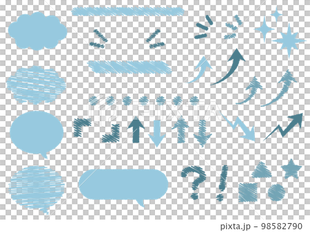 手描き風　矢印や吹き出し、カッコなどの素材セット　ブルー系 98582790