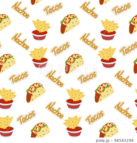 Endless pattern of Nachos and Tacos with Handwriting Lettering. Fast food menu. Latin American food 98583298