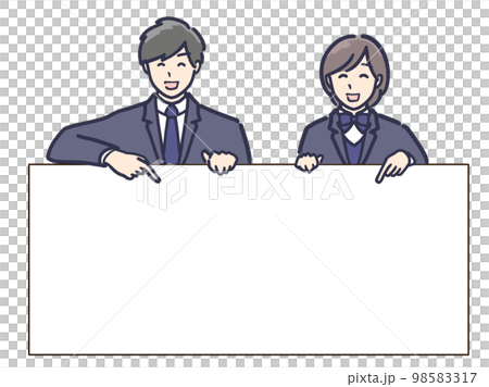 一個穿著制服的高中男孩和女孩的插圖與留言板 98583317