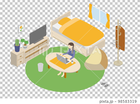 一個獨居的女人在 PC 等距單人間工作 98583319