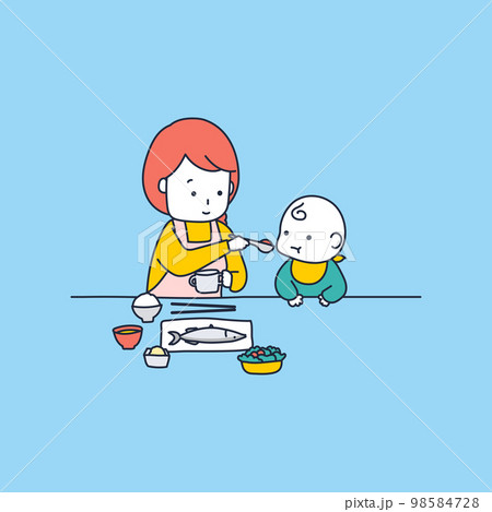 赤ちゃんにごはんをあげながら自分も食べるの、めっちゃ難しい！のイラスト素材 98584728
