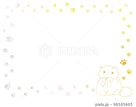 イラスト素材:かわいい足跡と猫のフレーム(パステルカラー) 98585605