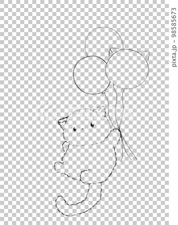 イラスト素材: 風船を片手に飛んでいる猫(線画) 98585673