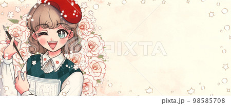 持ち込み原稿を描く漫画家志望の女の子・少女漫画イラストバナー 持ち込み原稿を描く漫画家志望の女の子・少女漫画イラストバナー 98585708