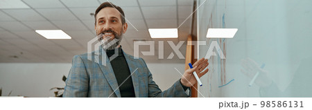 Smiling adult man using whiteboard for his presentation 98586131