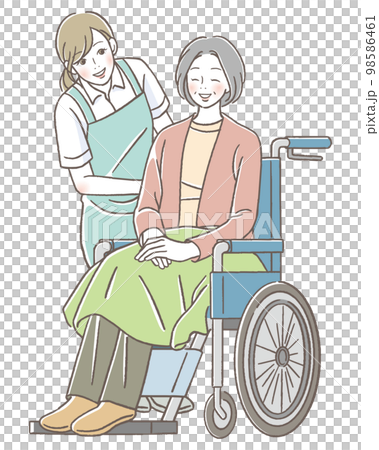 A senior woman on a wheelchair and a smiling caregiver woman A senior woman on a wheelchair and a smiling caregiver woman 98586461