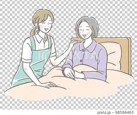 Caregiver woman smiling at senior woman in bed Caregiver woman smiling at senior woman in bed 98586463