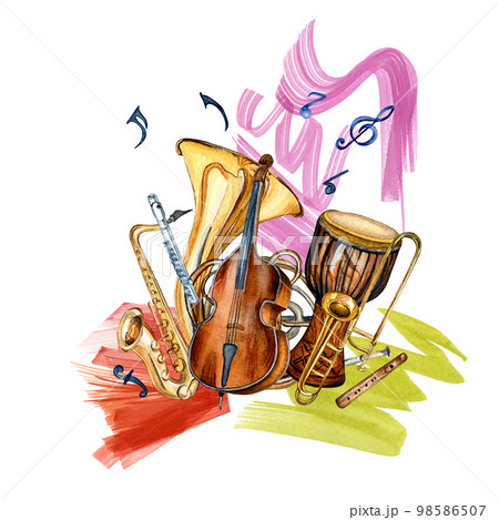 Wind, string musical instruments and paint stroke watercolor illustration isolated. Wind, string musical instruments and paint stroke watercolor illustration isolated. 98586507