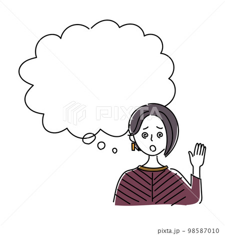 ワンレンの髪を耳にかけた女性が目を回しているイラストとフキダシ素材 98587010