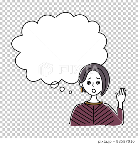 ワンレンの髪を耳にかけた女性が目を回しているイラストとフキダシ素材 98587010