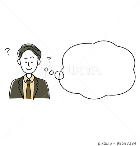 スーツを着て髪をセットした男性が複雑な笑顔をしているイラストとフキダシ素材 98587234