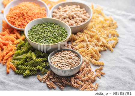 A variety of fusilli pasta from different types of legumes. Gluten-free pasta. A variety of fusilli pasta from different types of legumes. Gluten-free pasta. 98588791