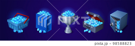Piles of blue gemstones in bag, iron cup, suitcase 98588823