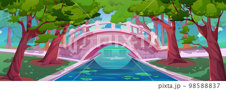 Summer park landscape with bridge over pond Summer park landscape with bridge over pond 98588837