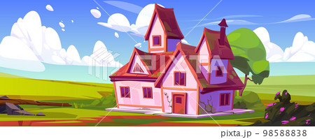 Countryside landscape with farm house, fields 98588838
