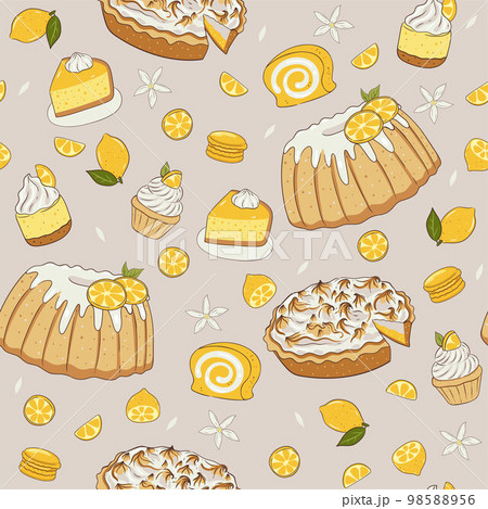 Seamless pattern with lemon desserts. Vector graphics. 98588956