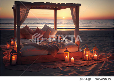 Cozy bed on sea shore. Lovestory idea 98589049