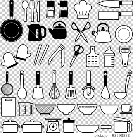 キッチン用品のモノクロイラストセット 98590888