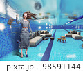 underwate living interior in the swiming pool and the woman 98591144