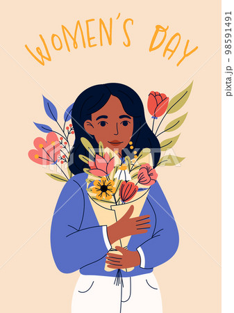 8 march, International Women's Day. Greeting card or postcard templates with young woman for card, poster, flyer. Girl power, feminism, sisterhood concept. 98591491