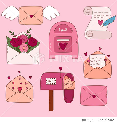 Hand drawn set of letters and mail for Valentine day. Design elements for posters, greeting cards, banners and invitations. Hand drawn set of letters and mail for Valentine day. Design elements for posters, greeting cards, banners and invitations. 98591502