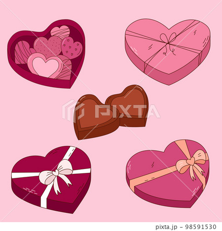 Hand drawn set of chocolates in a box for Valentine day. Design elements for posters, greeting cards, banners and invitations. Hand drawn set of chocolates in a box for Valentine day. Design elements for posters, greeting cards, banners and invitations. 98591530
