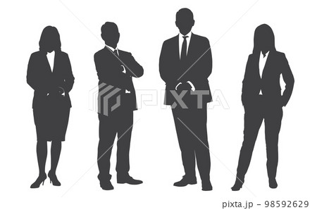 Business people group gray silhouettes pose on white background, flat line vector and illustration. 98592629
