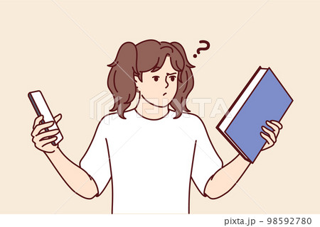 Teenage girl choose between book and phone to read favorite art story. Vector image 98592780