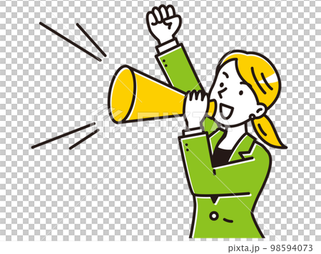 A young woman in a suit cheering with a megaphone 98594073