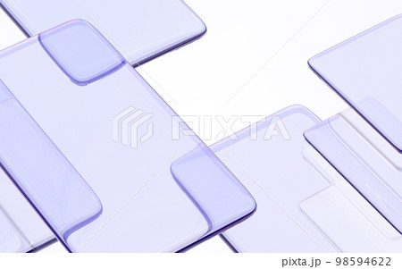 Abstract geometric background with purple glass plates and overlay effect 3d render. Transparent rectangular shapes of acrylic or plastic, crystal panels on white backdrop top view 98594622