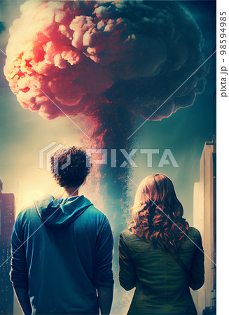 Couple in sportswear looking at distant nuclear explosion in the field. Fantastic apocalyptic landscape 98594985