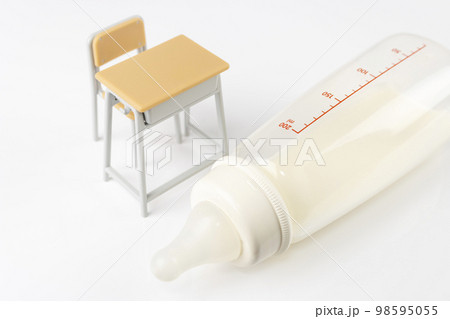 ほ乳瓶と玩具の勉強机。育児の勉強イメージ ほ乳瓶と玩具の勉強机。育児の勉強イメージ 98595055