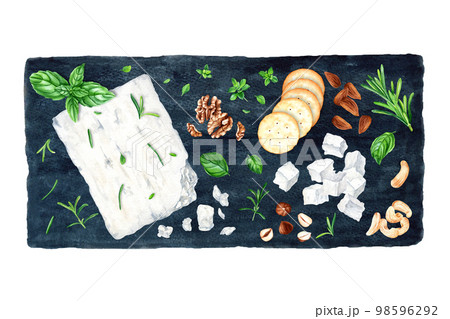Cheese board. Watercolor food illustration isolated on white background 98596292
