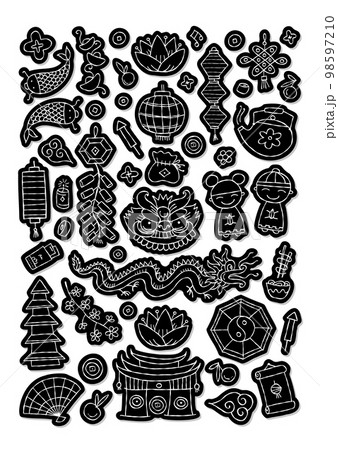 Chinese new year Holiday sticker pack. Icons set. Traditional design elements, symbols and decor. Print and cut ideas. Black silhouette style Chinese new year Holiday sticker pack. Icons set. Traditional design elements, symbols and decor. Print and cut ideas. Black silhouette style 98597210