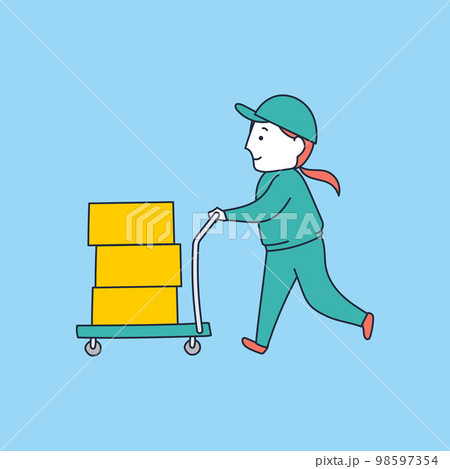 台車で素早く段ボールを運ぶ作業着の女性のイラスト素材 98597354