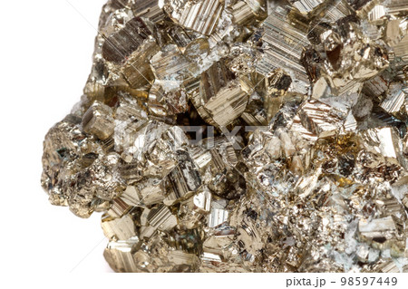 Macro mineral stone Pyrite gold on white background 98597449