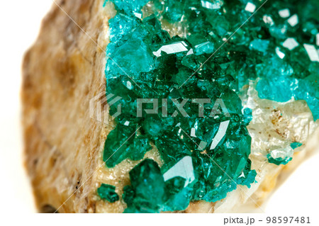 Macro mineral stone Dioptase silicate copper on a white background 98597481