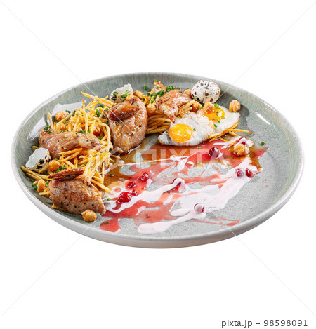 Stewed quail pai potatoes lingonberry sauce eggs 98598091