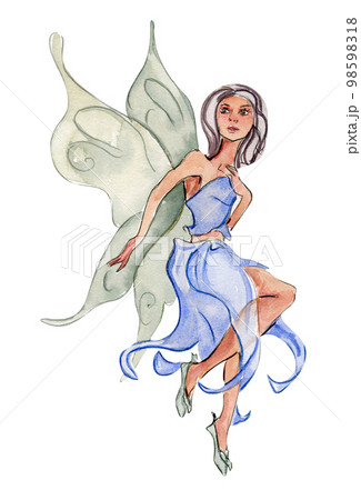 Watercolor cartoon fairy with magic wings. Watercolor hand draw fairy tale illustration. Illustartion with white isolated background. Perfect for greeting card, poster, wedding invitation, party decor 98598318