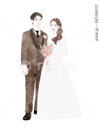 ウェディング 新婚夫婦 ドレス タキシードのイラスト素材 [98598435