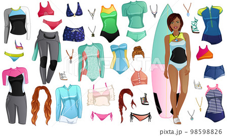 Surfing Girl Paper Doll with Beautiful Lady, Outfits, Hairstyles and Accessories. Vector Illustration Surfing Girl Paper Doll with Beautiful Lady, Outfits, Hairstyles and Accessories. Vector Illustration 98598826