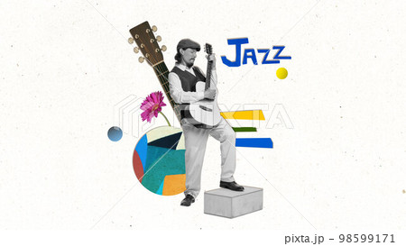 Young man playing guitar, erforming on light background. Modern minimal design. Conceptual contemporary art collage. Retro styled, surrealism. Concept of music, inspiration, creativity. 98599171