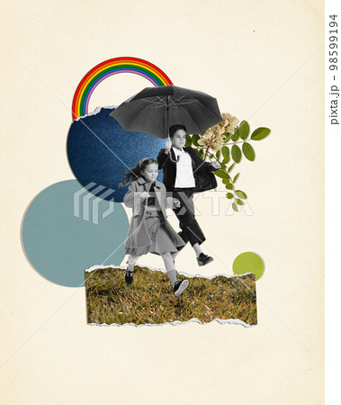 Contemporary art collage. Little stylish boy and girl, child carrying umbrella. Summertime holidays. Retro style design. Concept of travelling, vacation, discovering, creativity, childhood. 98599194