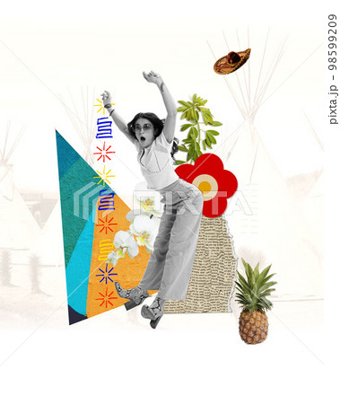 Contemporary art collage. Creative design with young girl jumping on summer background. Concept of summer, fashion, retro style, emotions, freedom, fun, leisure time activity Contemporary art collage. Creative design with young girl jumping on summer background. Concept of summer, fashion, retro style, emotions, freedom, fun, leisure time activity 98599209