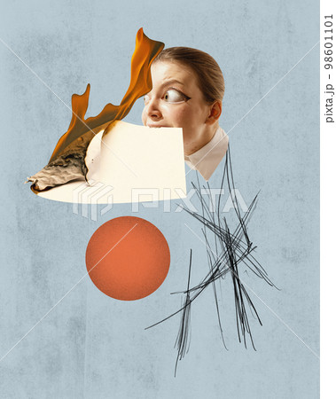 Woman with hot news as symbol of breaking news, spreading information on abstract background. Concept of creativity, journalism, mass media influence. Contemporary art collage, design. Woman with hot news as symbol of breaking news, spreading information on abstract background. Concept of creativity, journalism, mass media influence. Contemporary art collage, design. 98601101
