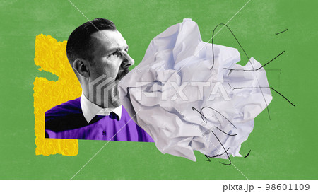 Contemporary art collage. Stylish man with paper making announcement. Concept of propaganda, journalism, mass media, influence, creativity, information, good or bad news. Retro design 98601109