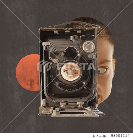 Contemporary art collage, modern design. Young gil face looking at retro camera over dark grey background. Concept of creativity, journalism, mass media influence, news. 98601114