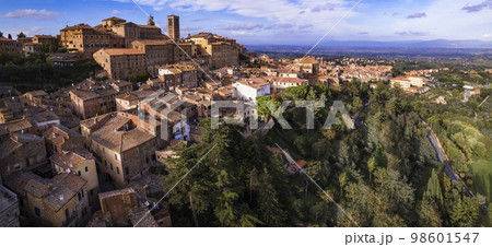 Italy travel and landmarks. Tuscany region, aerial panoramic view of old town Montalcino 98601547